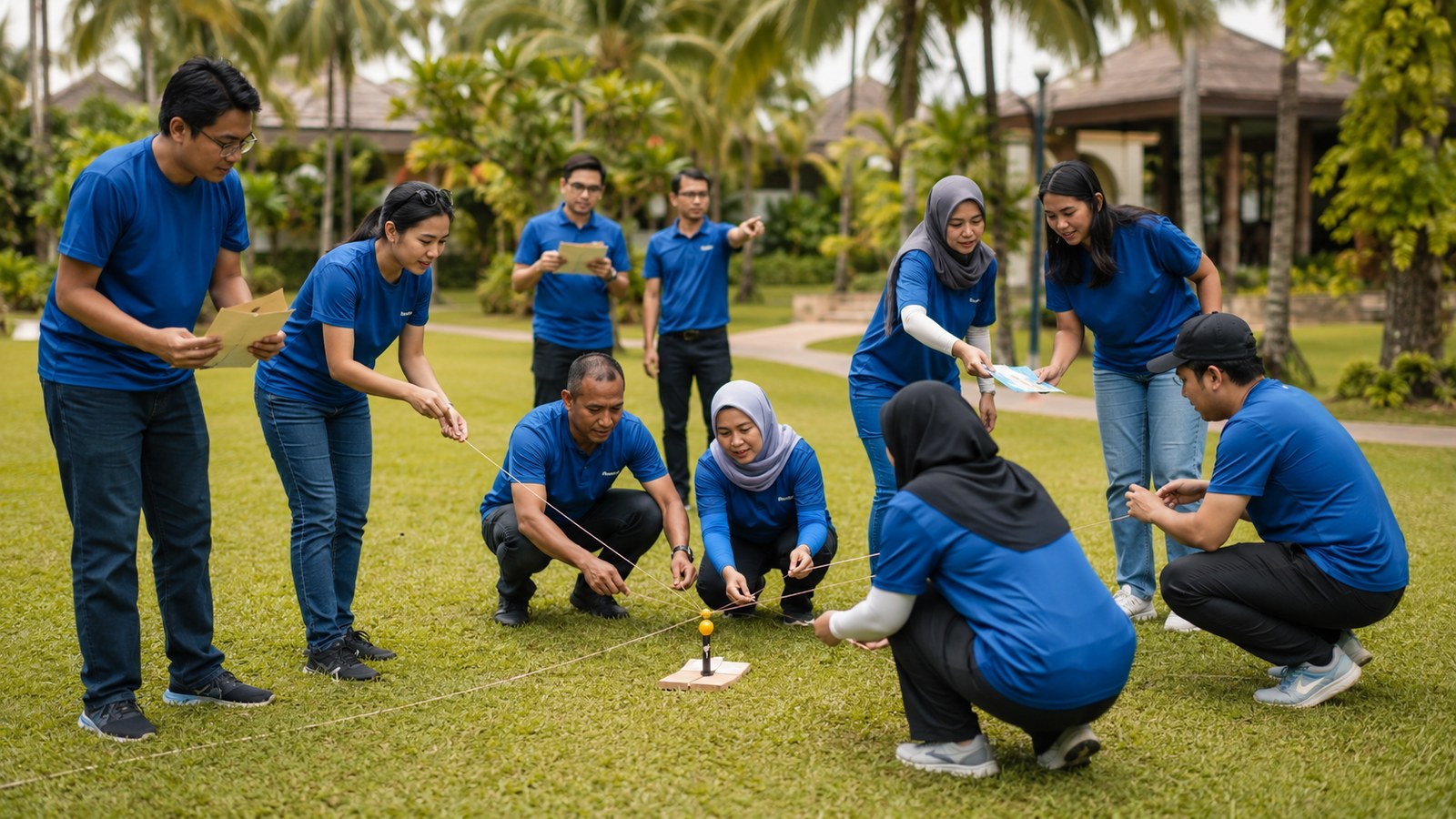 Amazing Race style outdoor team building activity in resort garden