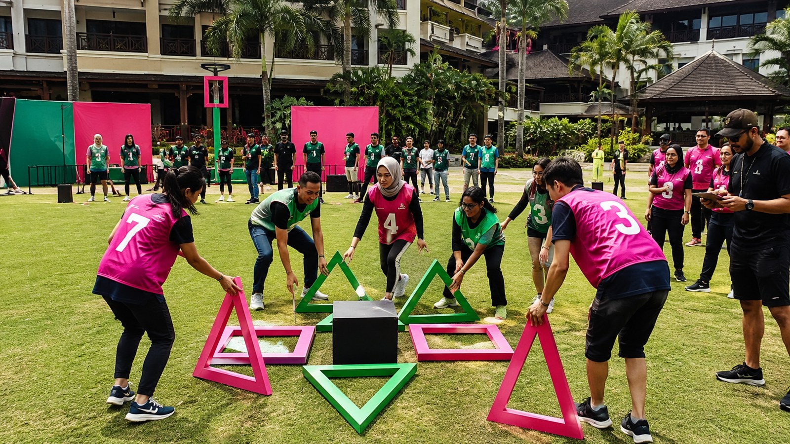 Squid Game inspired corporate-safe team challenge at a resort lawn
