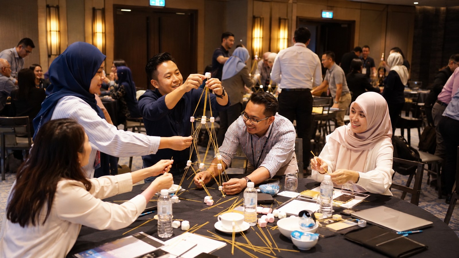 Indoor corporate team building challenges in a hotel ballroom in Malaysia